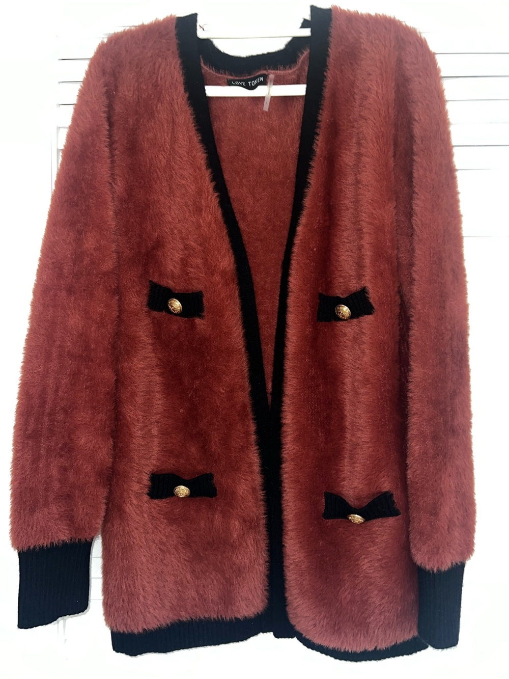 Love Token Brown Plush Faux-Fur Cardigan with Black Trim